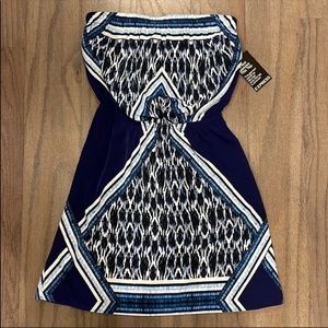 NWT Express Blue and White Patterned Strapless Dress - Size XS